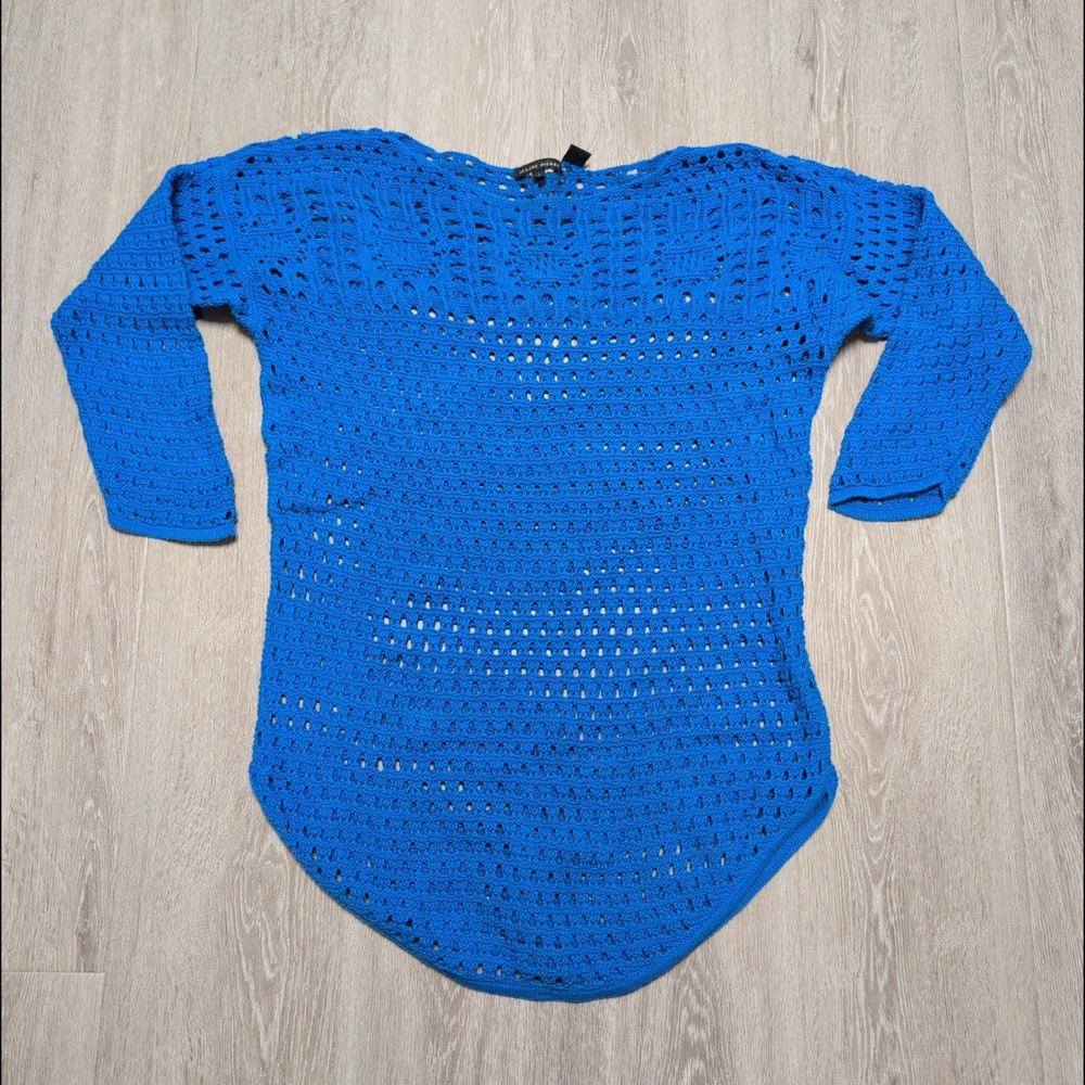 Jeanne Pierre Blue Crochet Knit Tunic Top Womens L Lightweight Beach Cover‎ Up